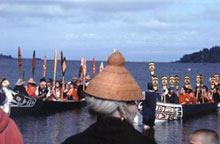 The raft of canoes and visitors