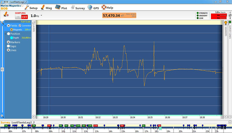 Magnetometer readout image of multiple anomalies grouped together that likely represents a mass of material.