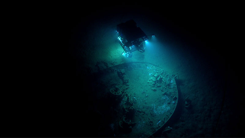 By illuminating Deep Discoverer from above, Seirios provides a broader perspective of things on the seafloor, such as this shipwreck in the Gulf of Mexico. Image courtesy of NOAA Ocean Explorationh, Gulf of Mexico 2017.