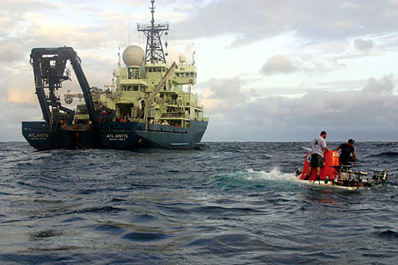 Atlantis is the only vessel in the U.S. research fleet designed to support the submersible Alvin. Image courtesy of Amy Nevala, Woods Hole Oceanographic Institution.